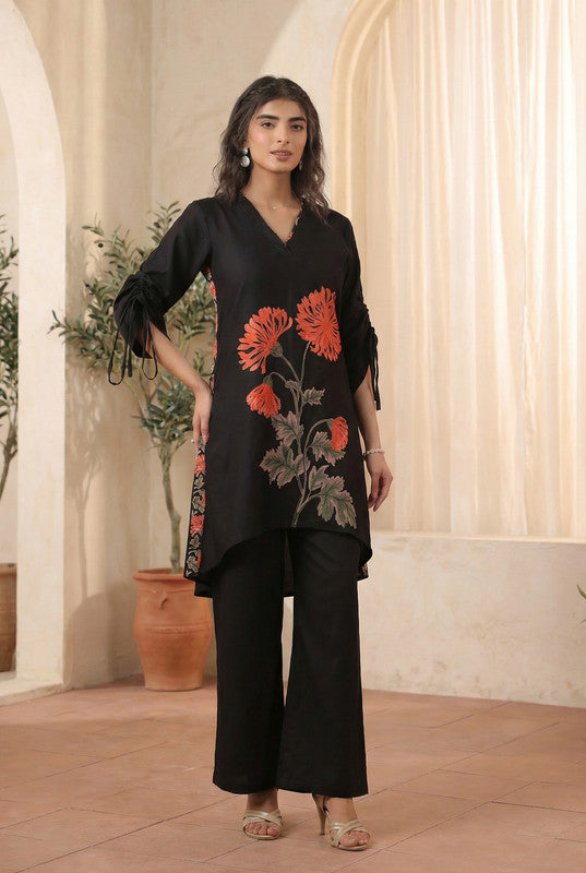 Black Floral Motif Cotton Co-ord Set with Tie-Up Sleeves