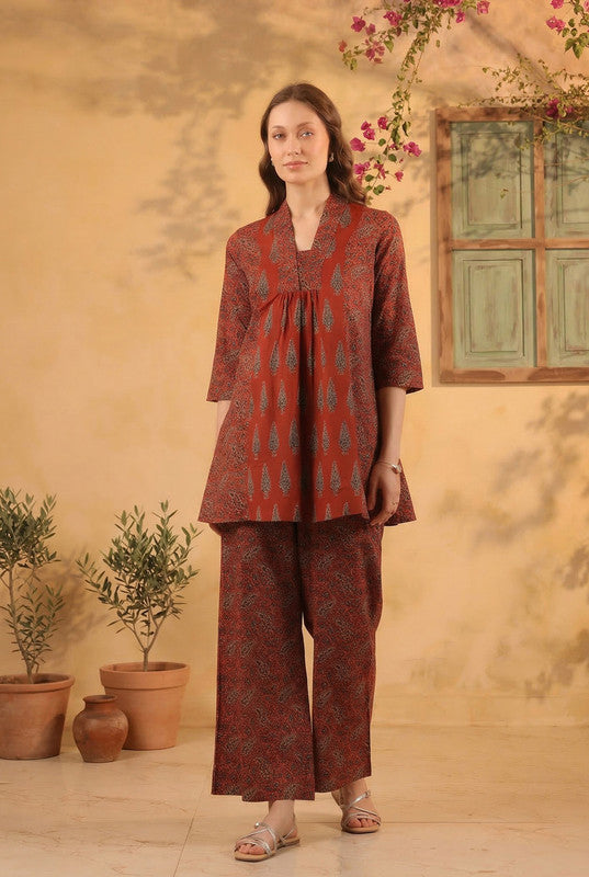Maroon Ethnic Traditional Printed CTunic & Pant Co-ord Set
