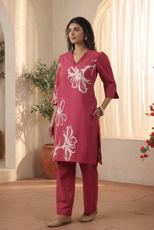 Rose Pink Elegant Floral Printed Cotton Co-ord Set