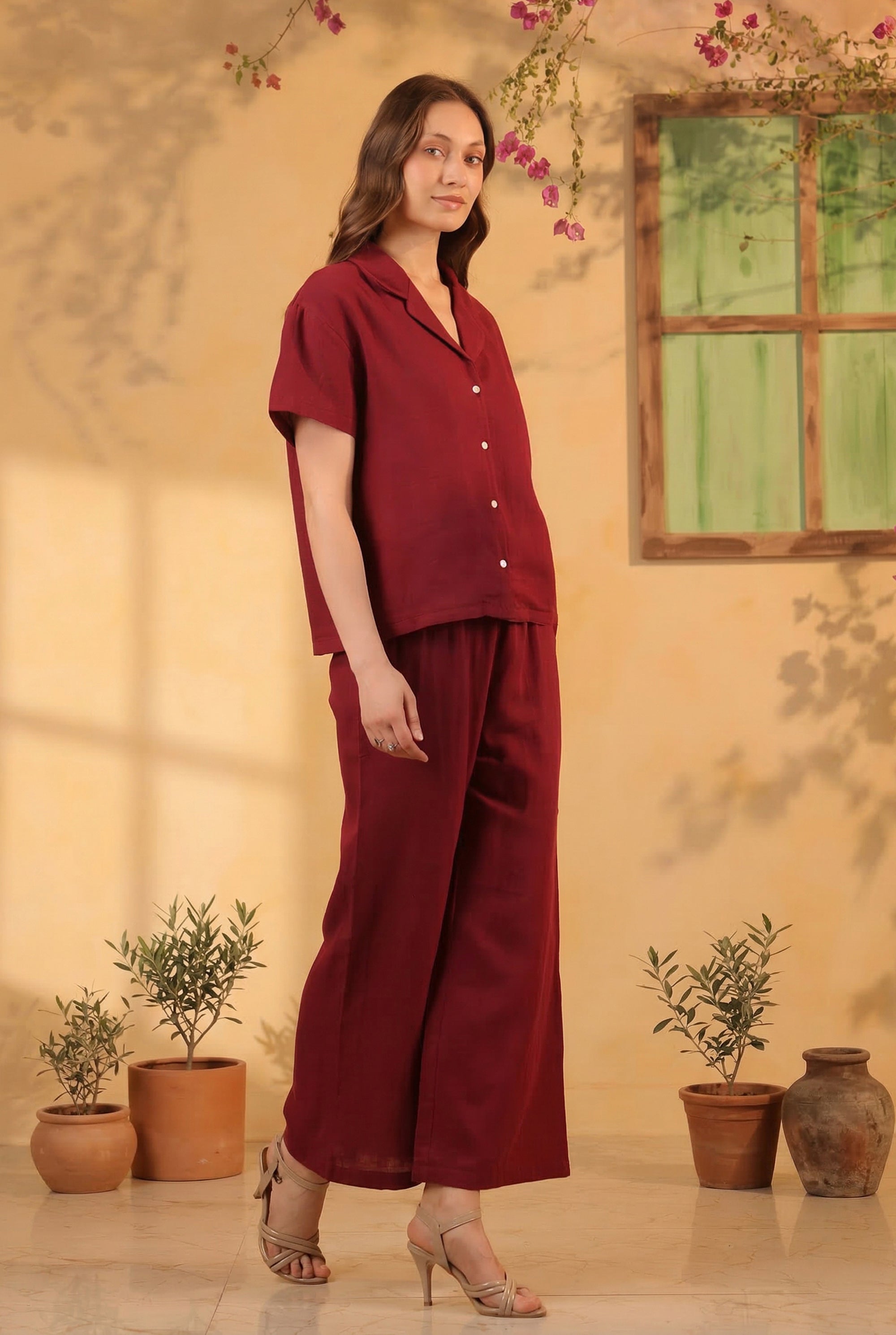 Maroon Solid Cotton Button-Down Night Suit Set