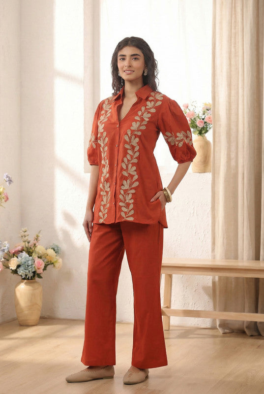 Rust Leaf Printed Cotton Co-ord Set with Puff Sleeves