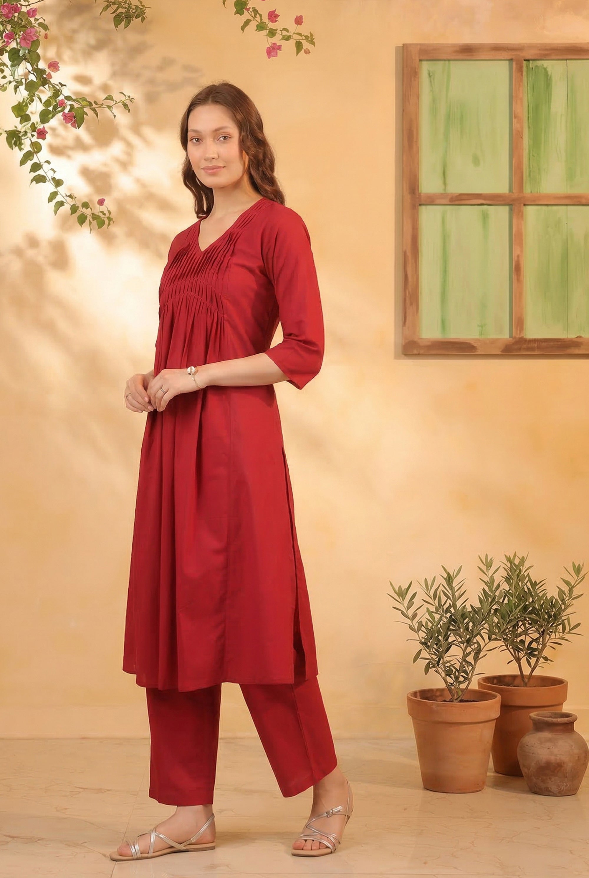 Red Minimal Pintuck A-Line Solid Designer Cotton Kurta with Pant Set