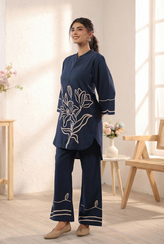 Navy Blue Floral Designer Printed Cotton Co-ord Set