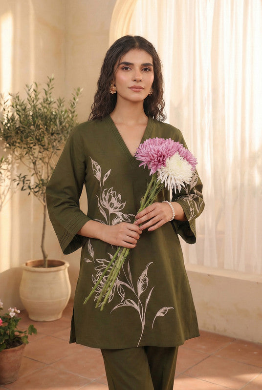 Olive Green Artistic Floral Printed Cotton Co-ord Set