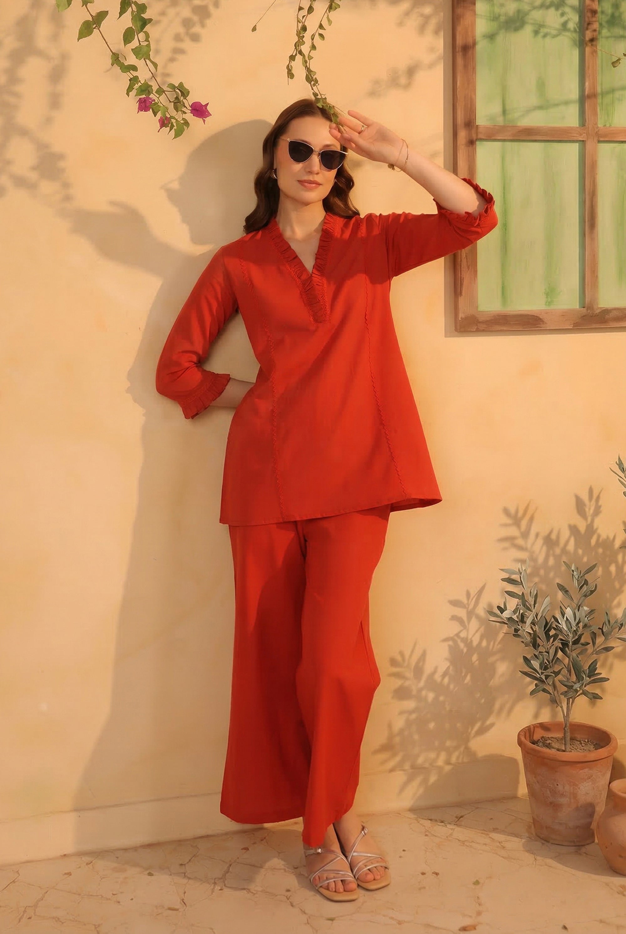 Rust Orange V-Neck Ruffle Style Detail Solid Cotton Flex Relaxed Fit Two-Piece Co-ord Set