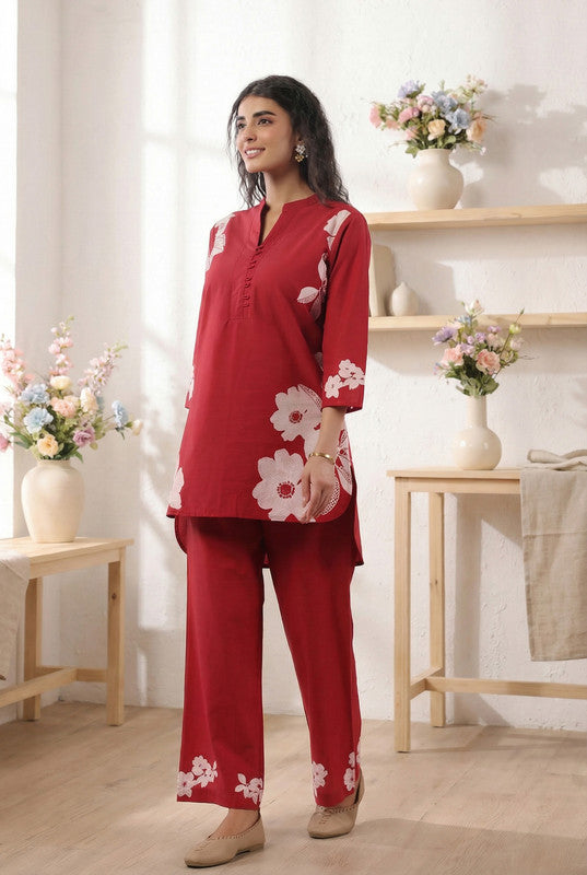 Red Floral Printed Cotton Co-ord Set with Matching Pants