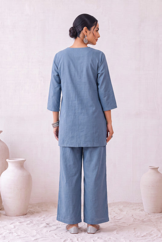 Dusty Blue Floral Cotton Flex Embroidered Co-Ord Set