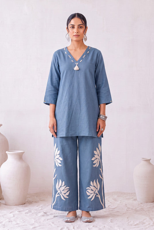 Dusty Blue Floral Cotton Flex Embroidered Co-Ord Set