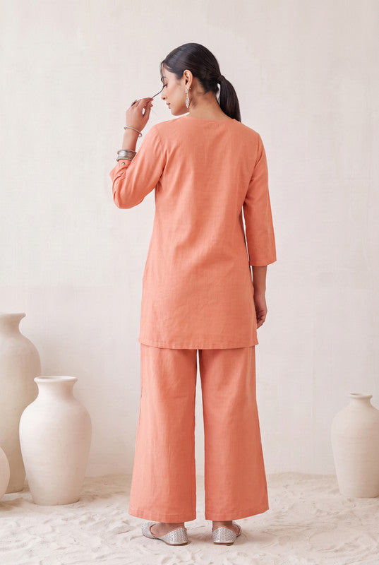 Peach Floral Cotton Flex Embroidered Co-Ord Set