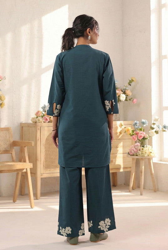 Teal Elegant Floral Printed Cotton Co-ord Set