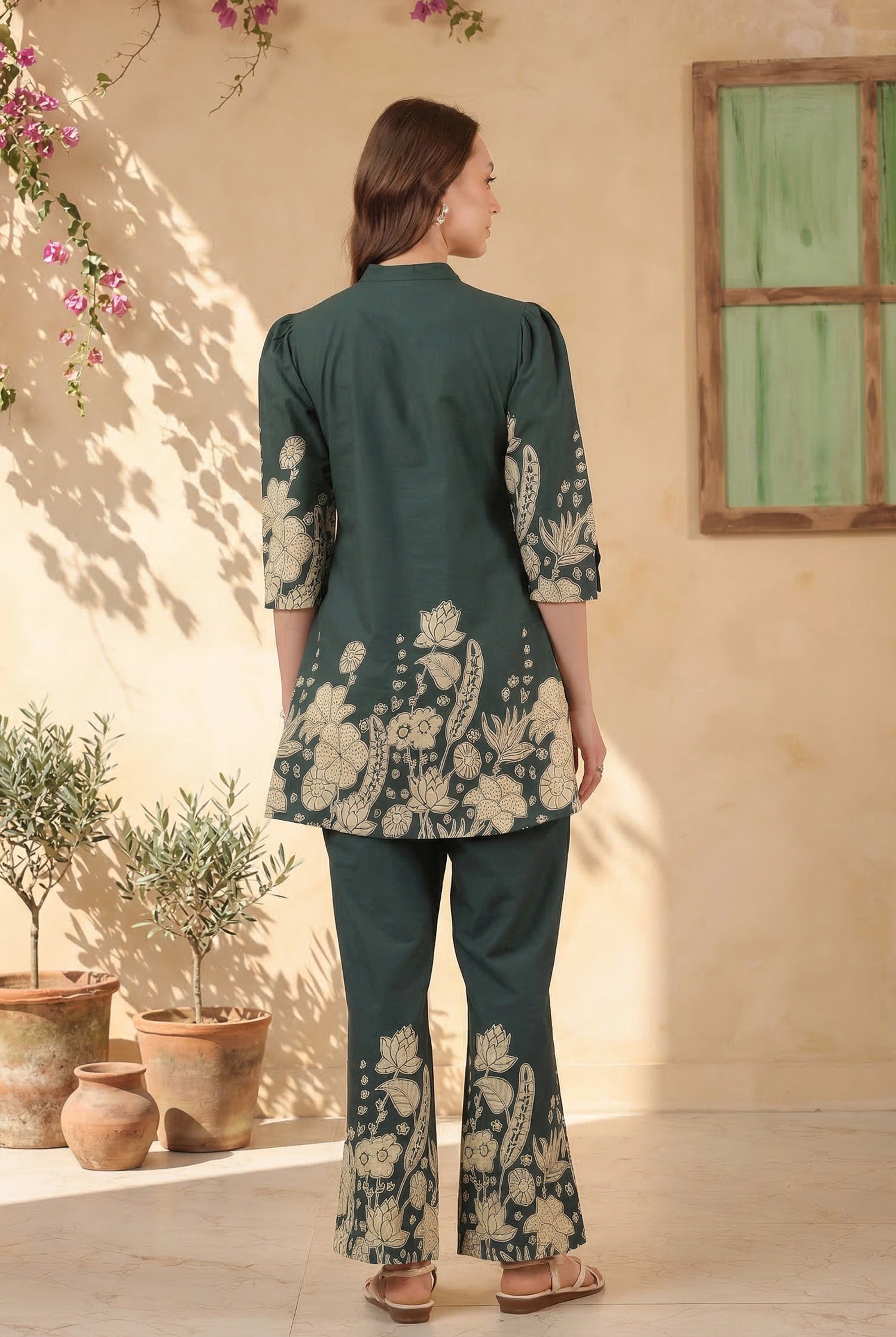 Teal Green Floral Statement Printed Cotton Co-ord Set