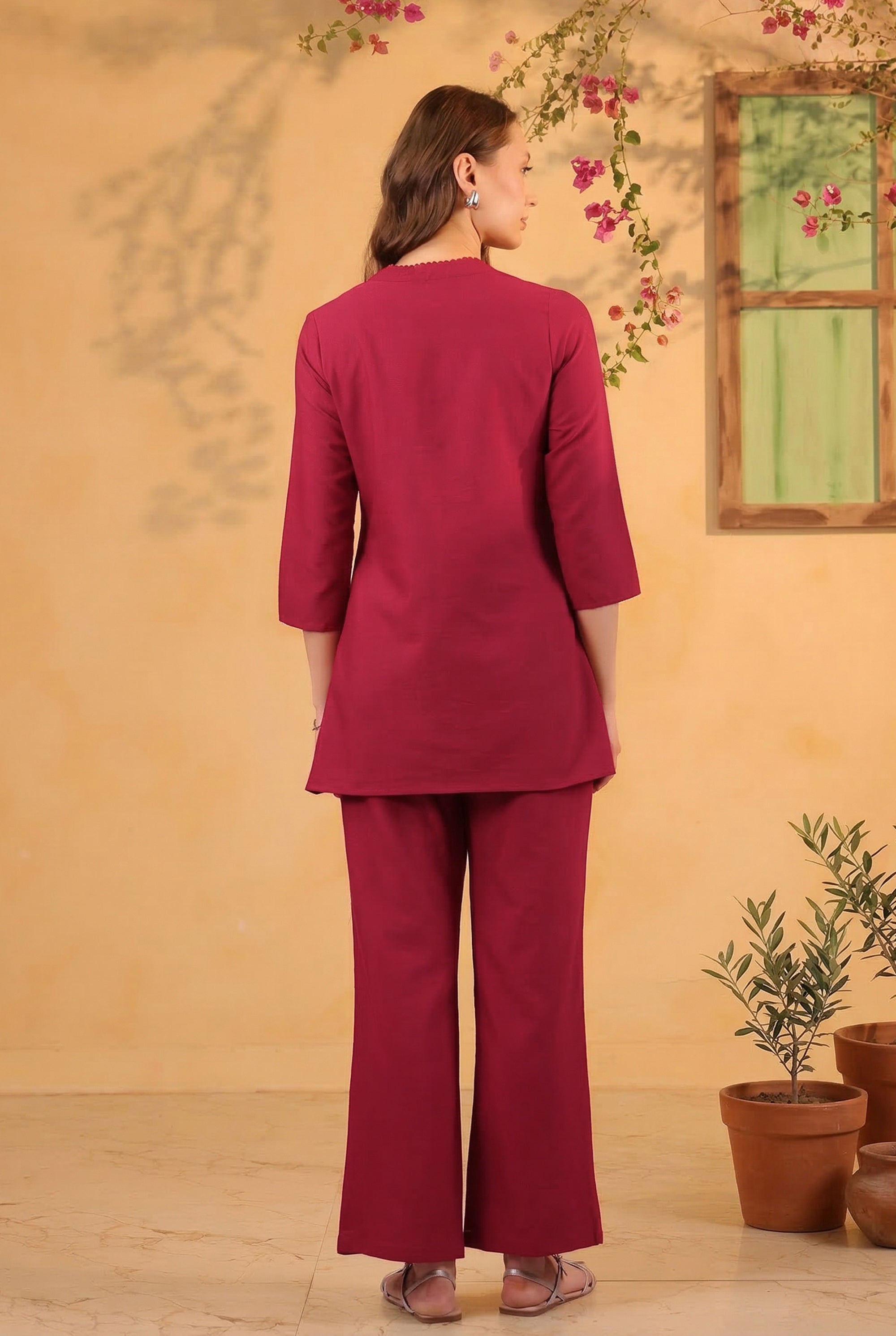 Purple Wrap Style Placement Embroidered Cotton Flex Two Piece Co-ord Set