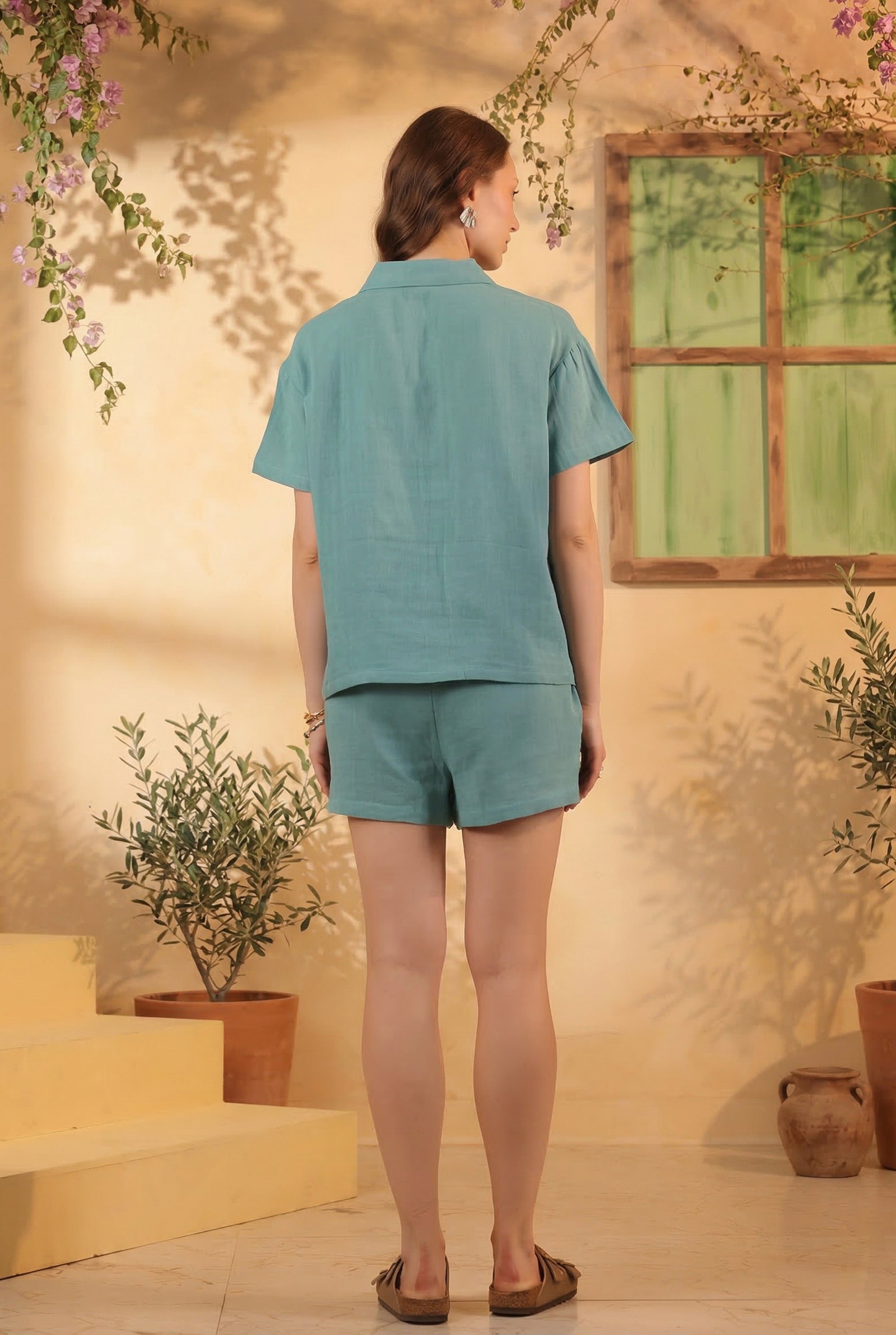 Teal Solid Cotton Button-Down Night Suit Set