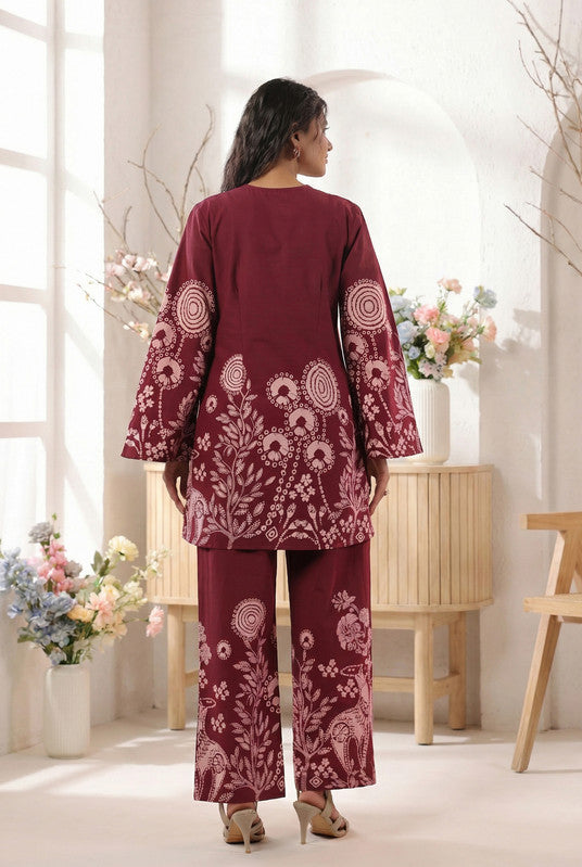 Wine Floral & Ethnic Printed Cotton Co-ord Set