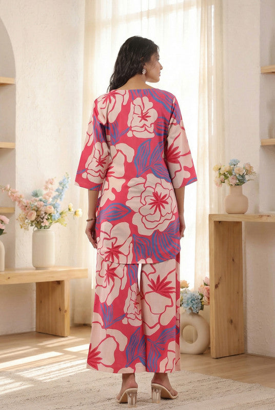 Pink & Beige Large Designer Floral Printed Cotton Co-ord Set
