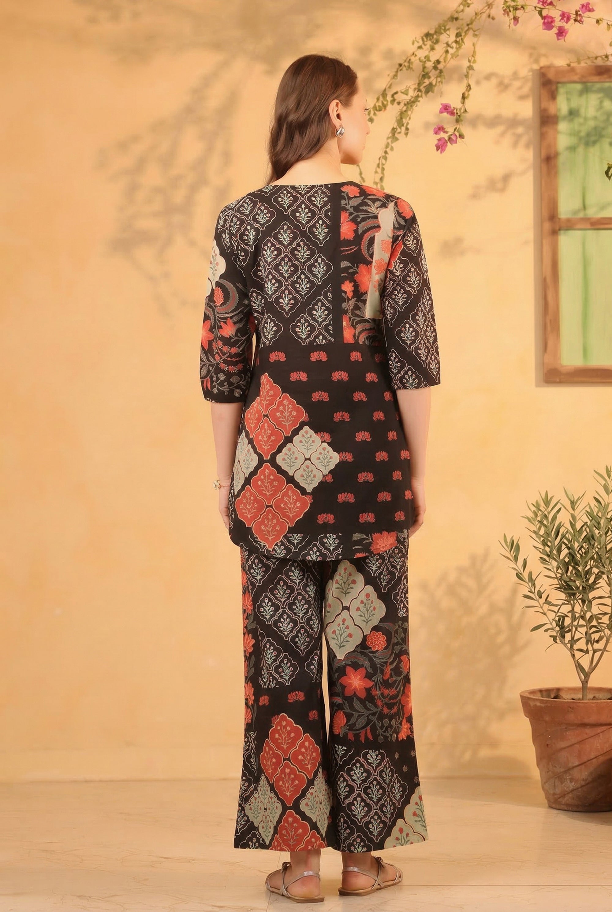 Black Ethnic Traditional Print Top and Pant Cotton Co-ord Set