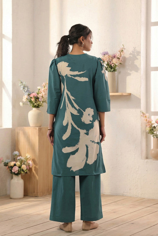 Teal Abstract Floral Printed Cotton Co-ord Set