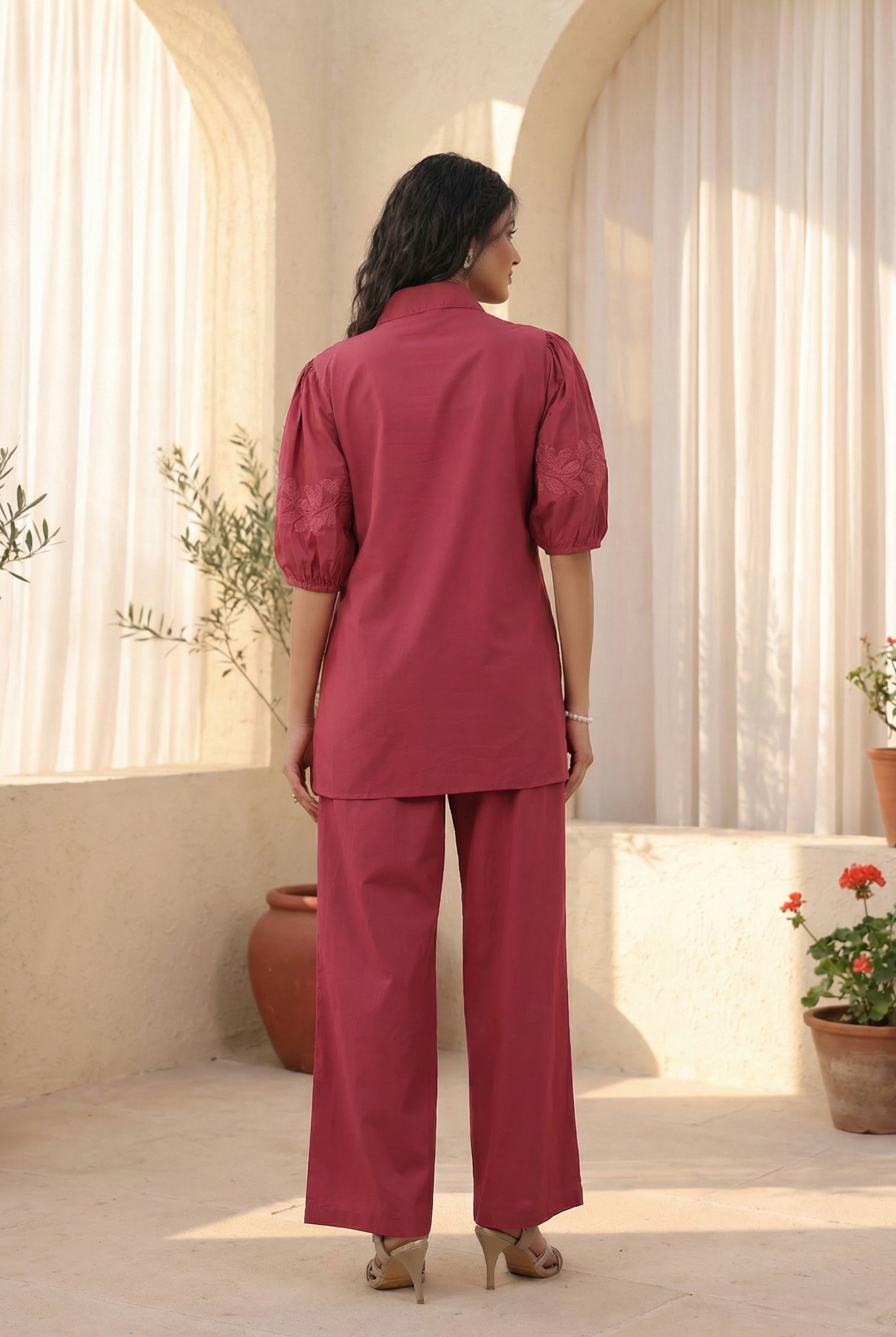 Pink Leaf Embroidered Designer Cotton Co-ord Set with Puff Sleeves