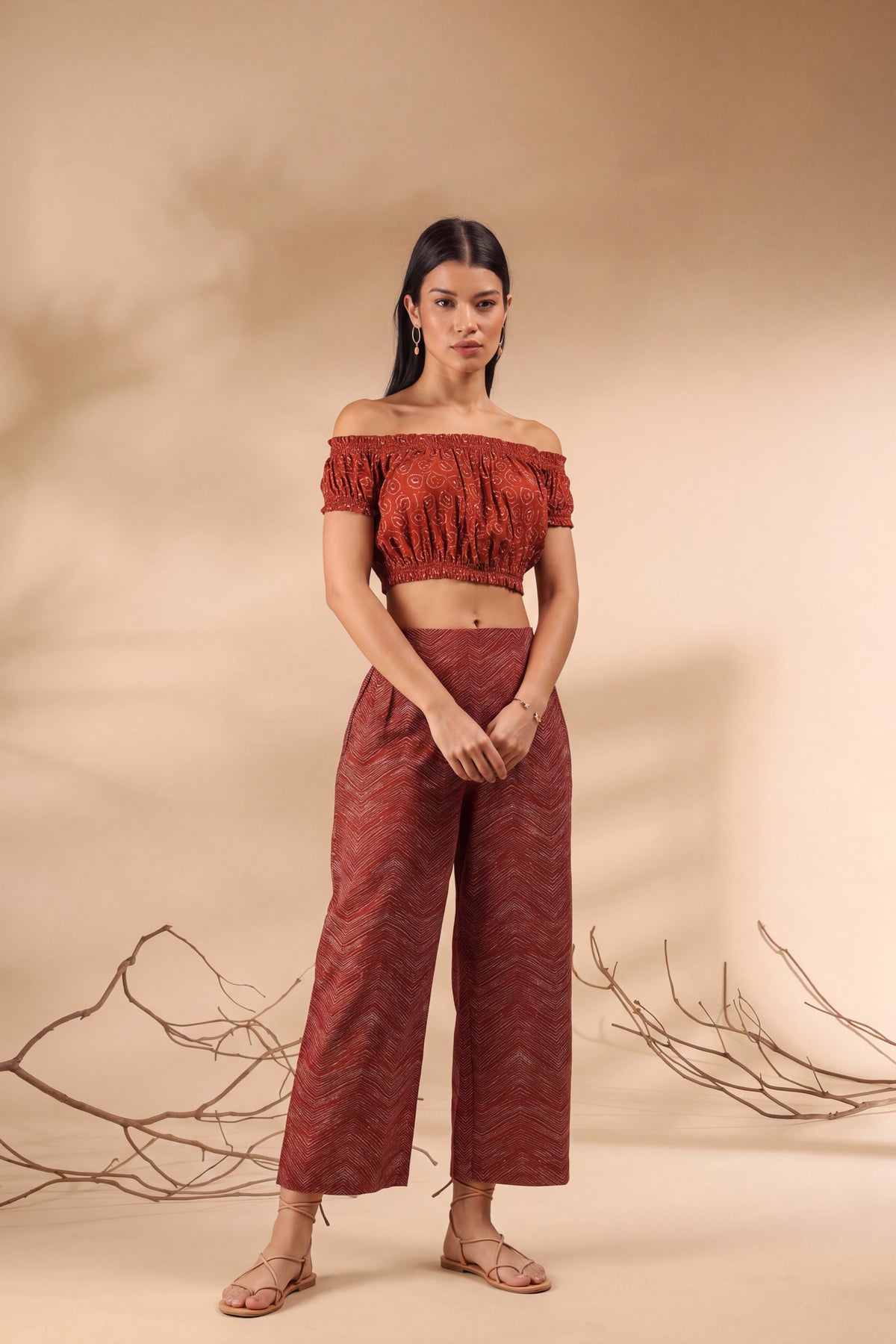 Abstract on Maroon Off-Shoulder Cotton Co-ord Set