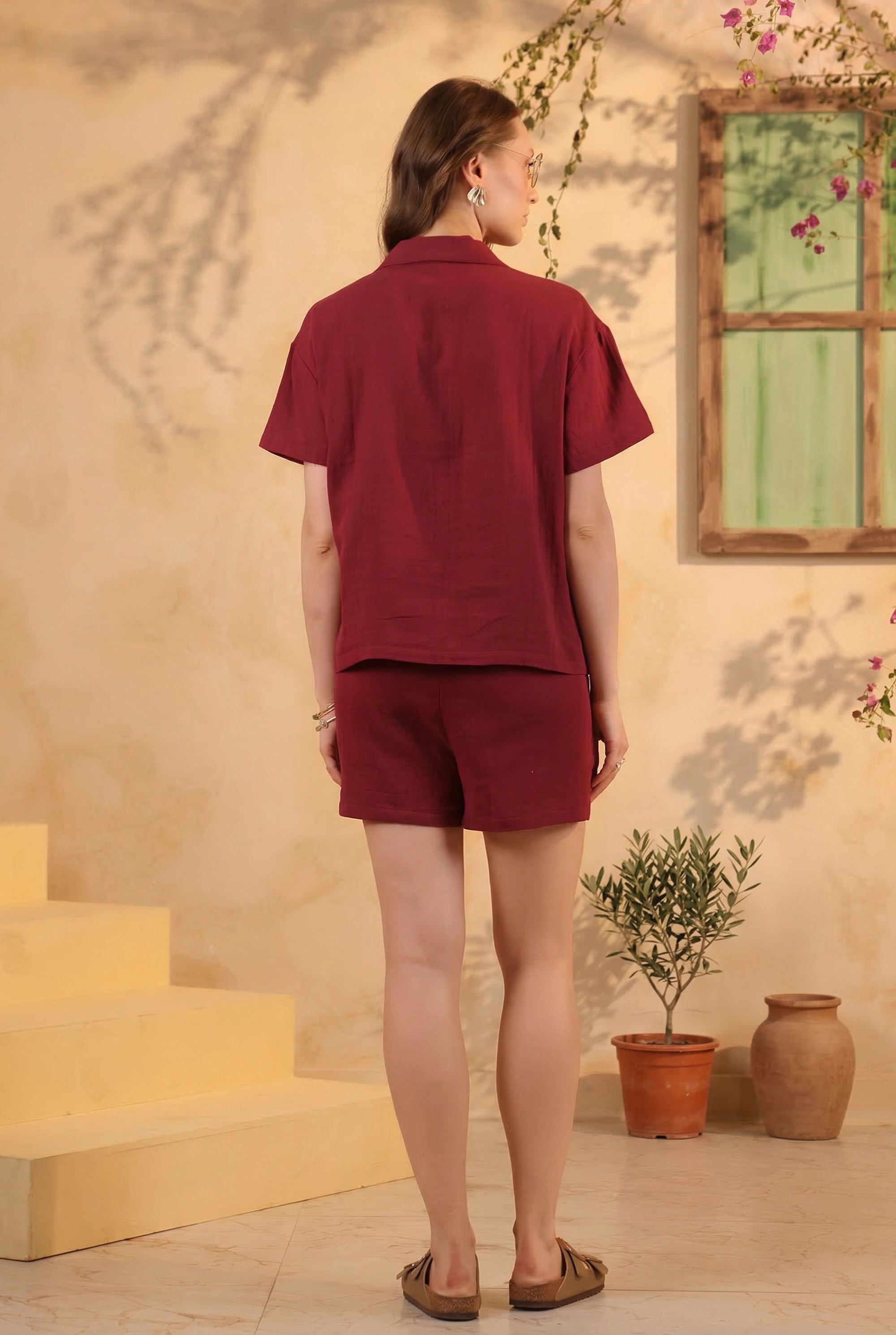 Maroon Solid Cotton Short Sleeve Night Suit Set
