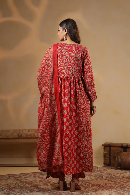 Red Floral Printed Anarkali Kurta Set with Dupatta