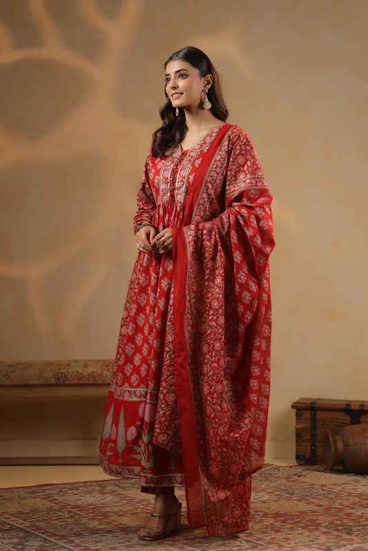 Red Floral Printed Anarkali Kurta Set with Dupatta
