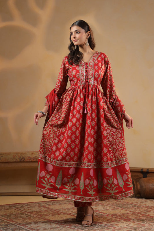 Red Floral Printed Anarkali Kurta Set with Dupatta