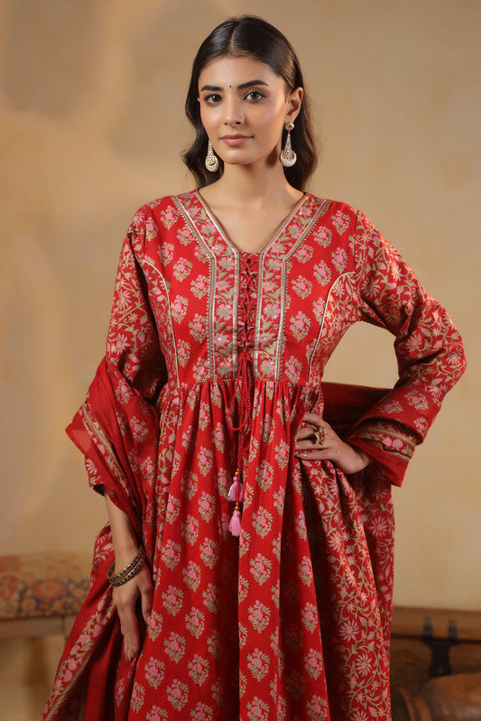 Red Floral Printed Anarkali Kurta Set with Dupatta