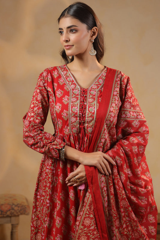 Red Floral Printed Anarkali Kurta Set with Dupatta