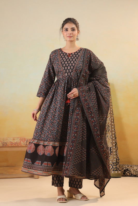 Midnight Black Ajrakh Printed Kurta Set with Pants & Dupatta