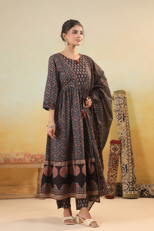 Midnight Black Ajrakh Printed Kurta Set with Pants & Dupatta