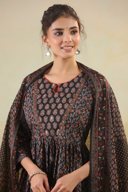 Midnight Black Ajrakh Printed Kurta Set with Pants & Dupatta