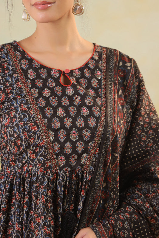 Midnight Black Ajrakh Printed Kurta Set with Pants & Dupatta