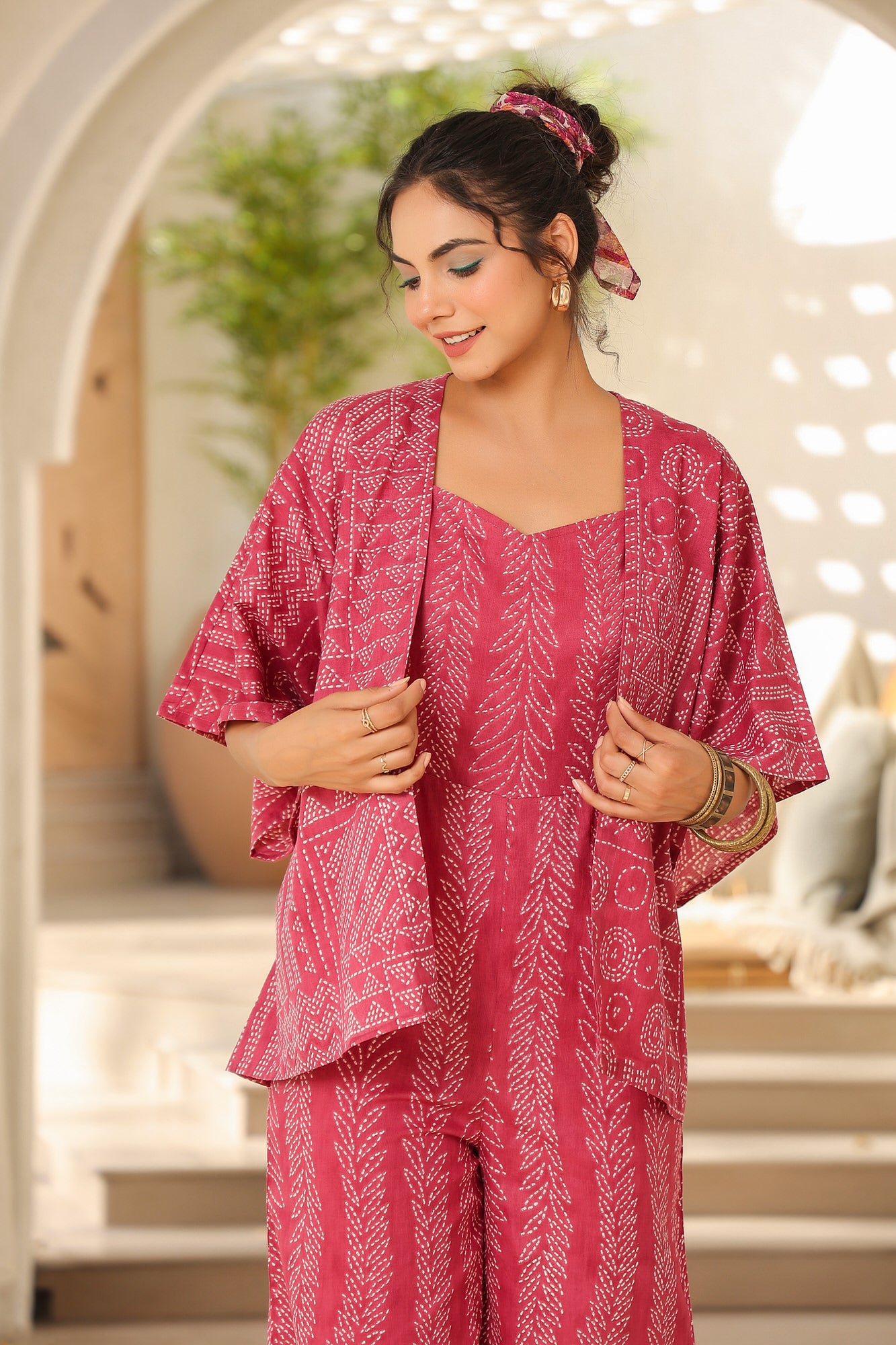 Pink Gecko Cotton Jumpsuit with Shrug