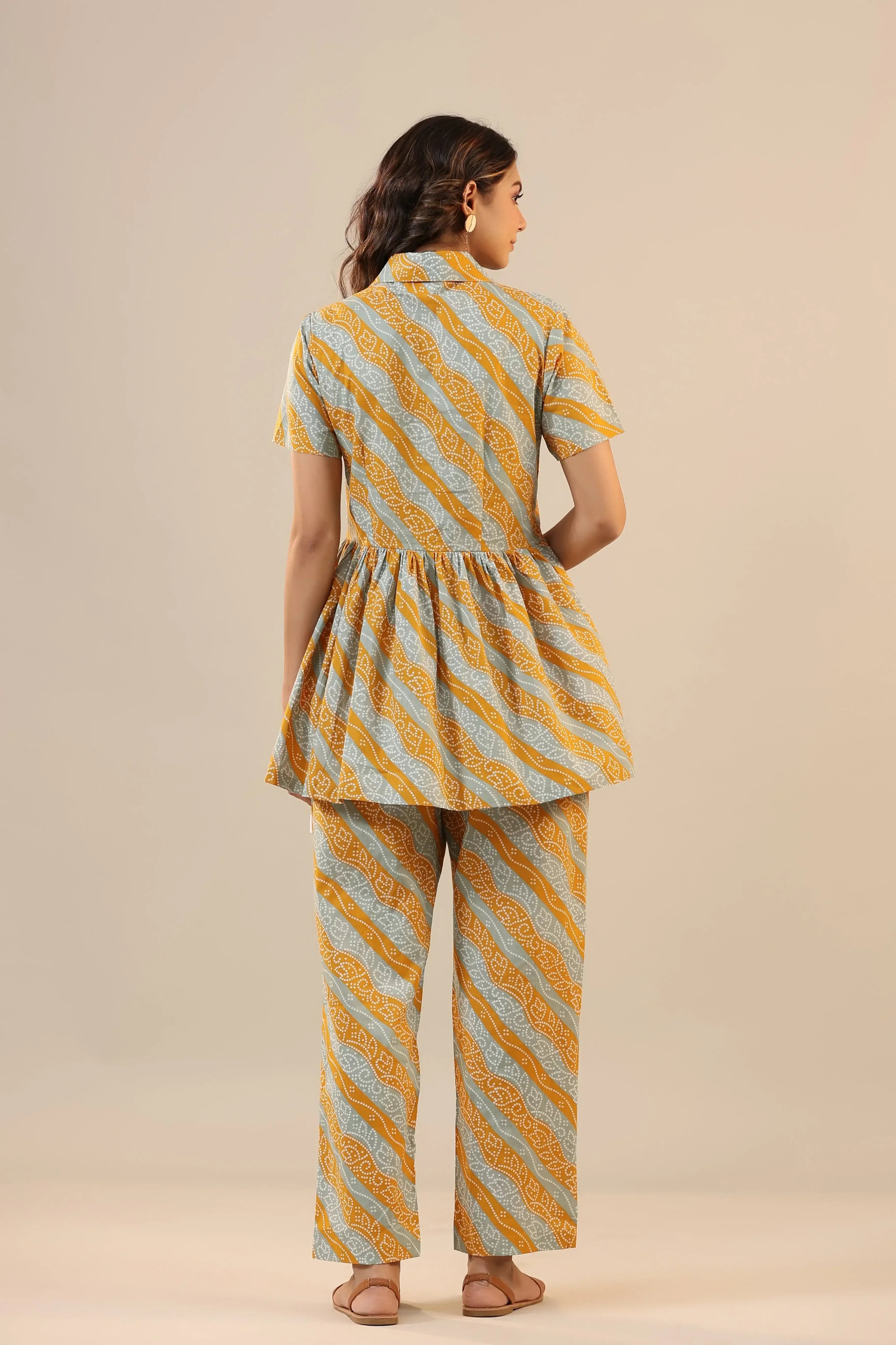 Lehariya with Bandhej on Cotton Peplum Loungewear Top Set