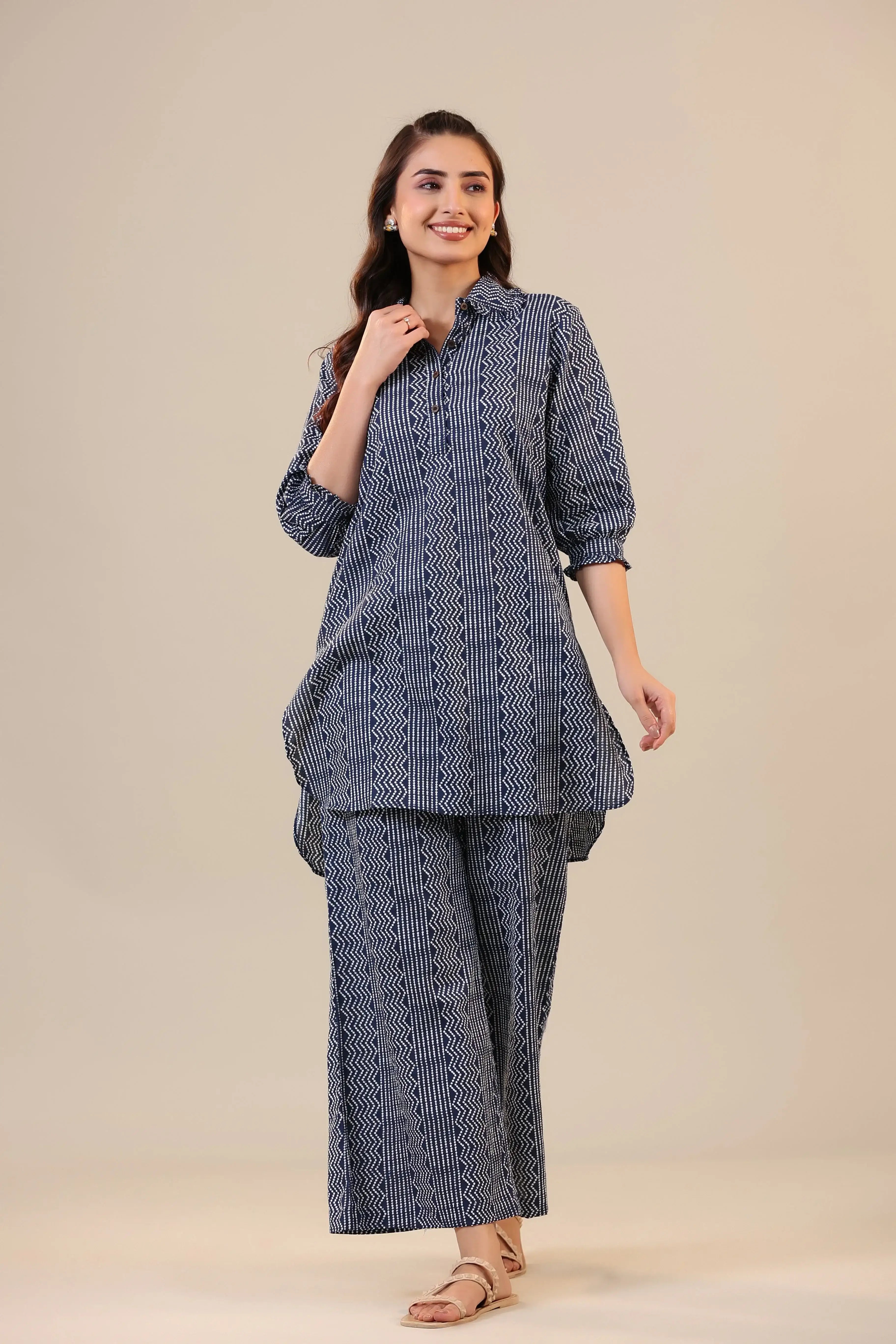 Zigzag Bandhej on Blue Cotton Palazzo Loungewear Set
