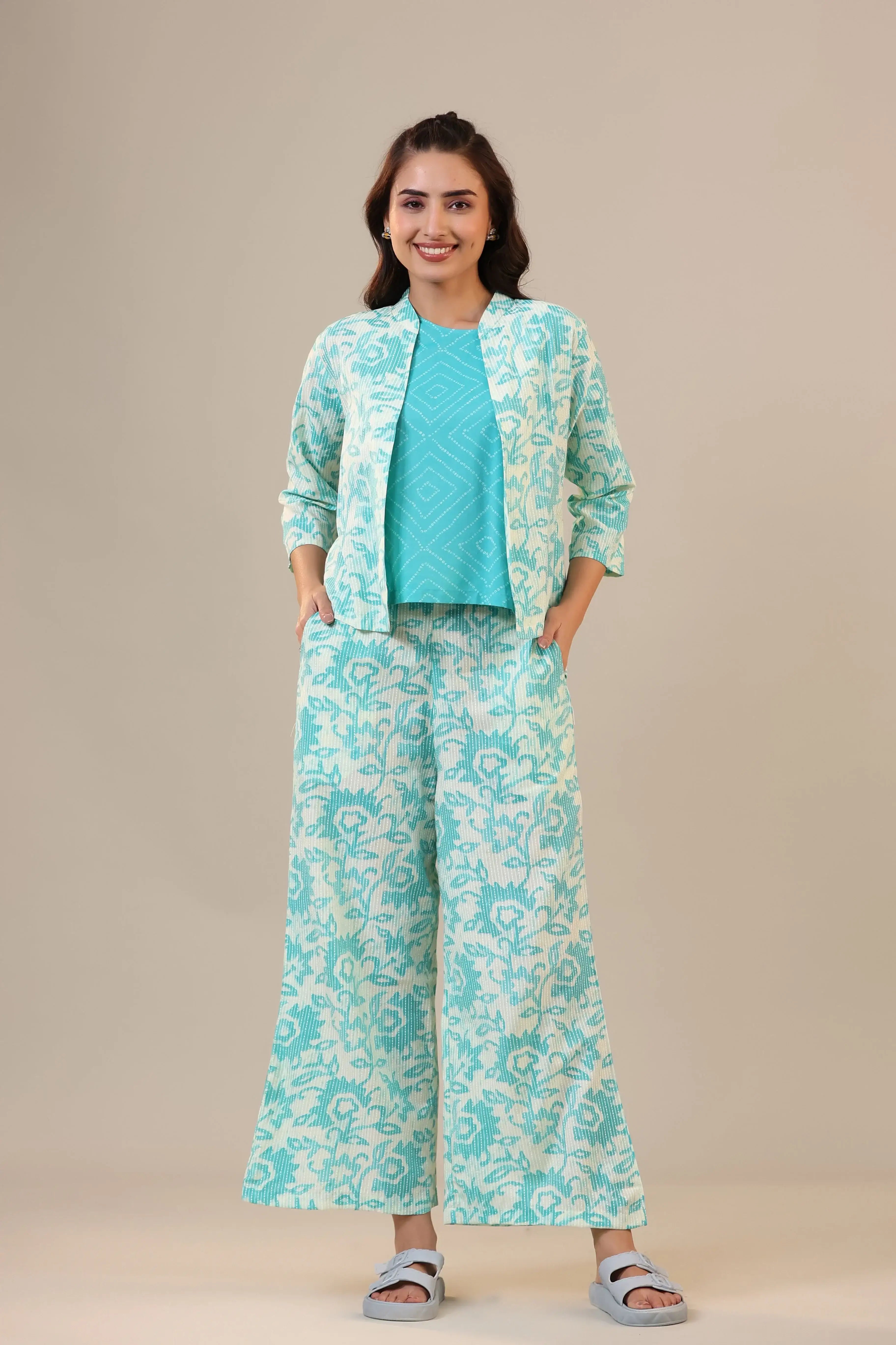 Blue Florals With Bandhej on Cotton Three piece Set