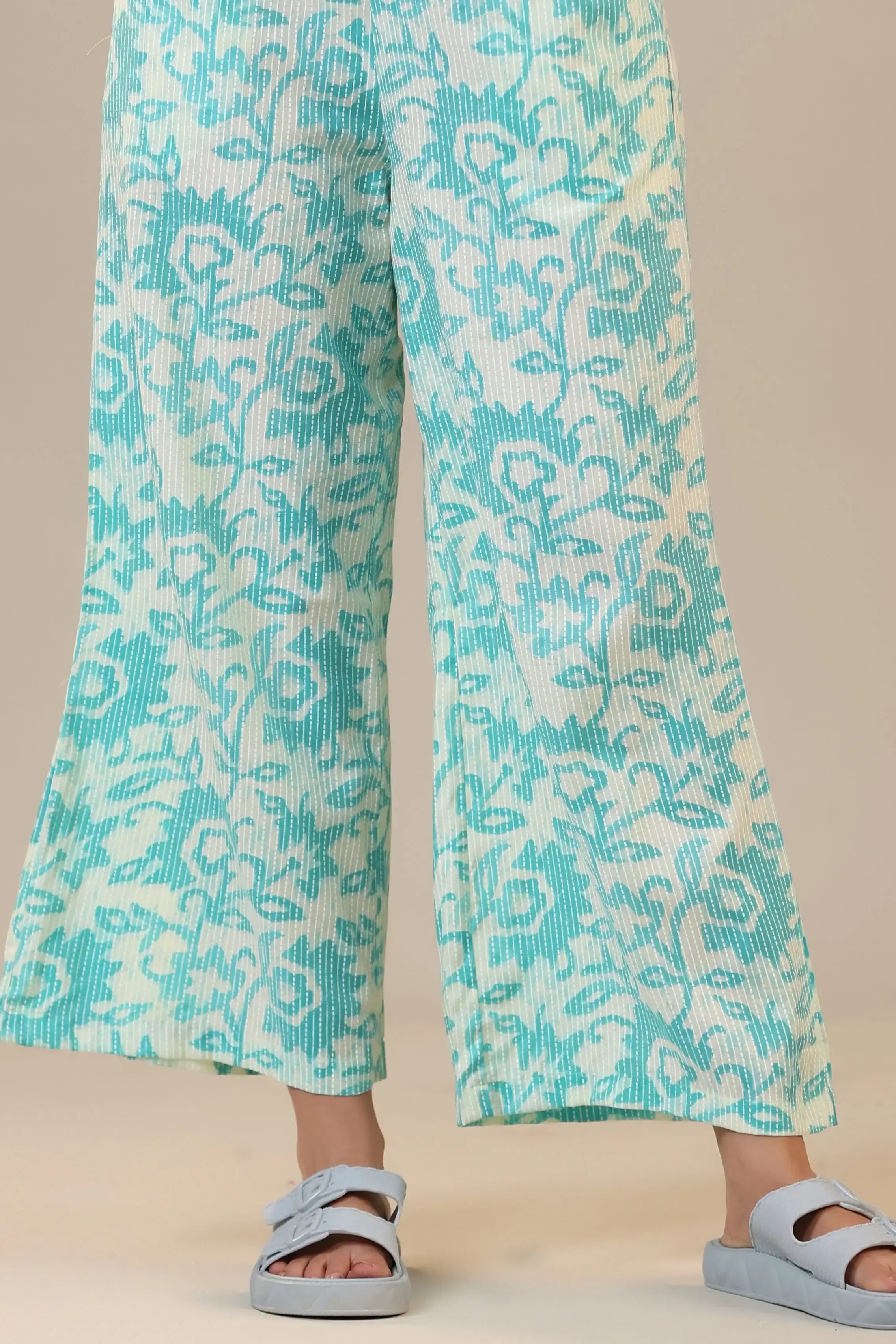 Blue Florals With Bandhej on Cotton Three piece Set
