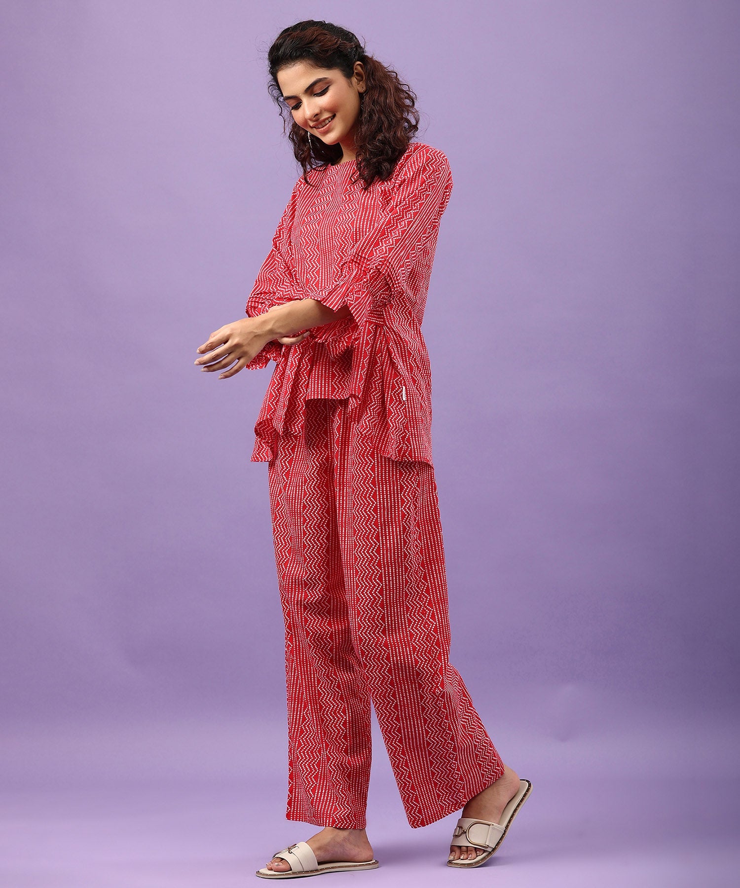 Zigzag Bandhej on Cotton Red Front Tie-up Co-ord Set