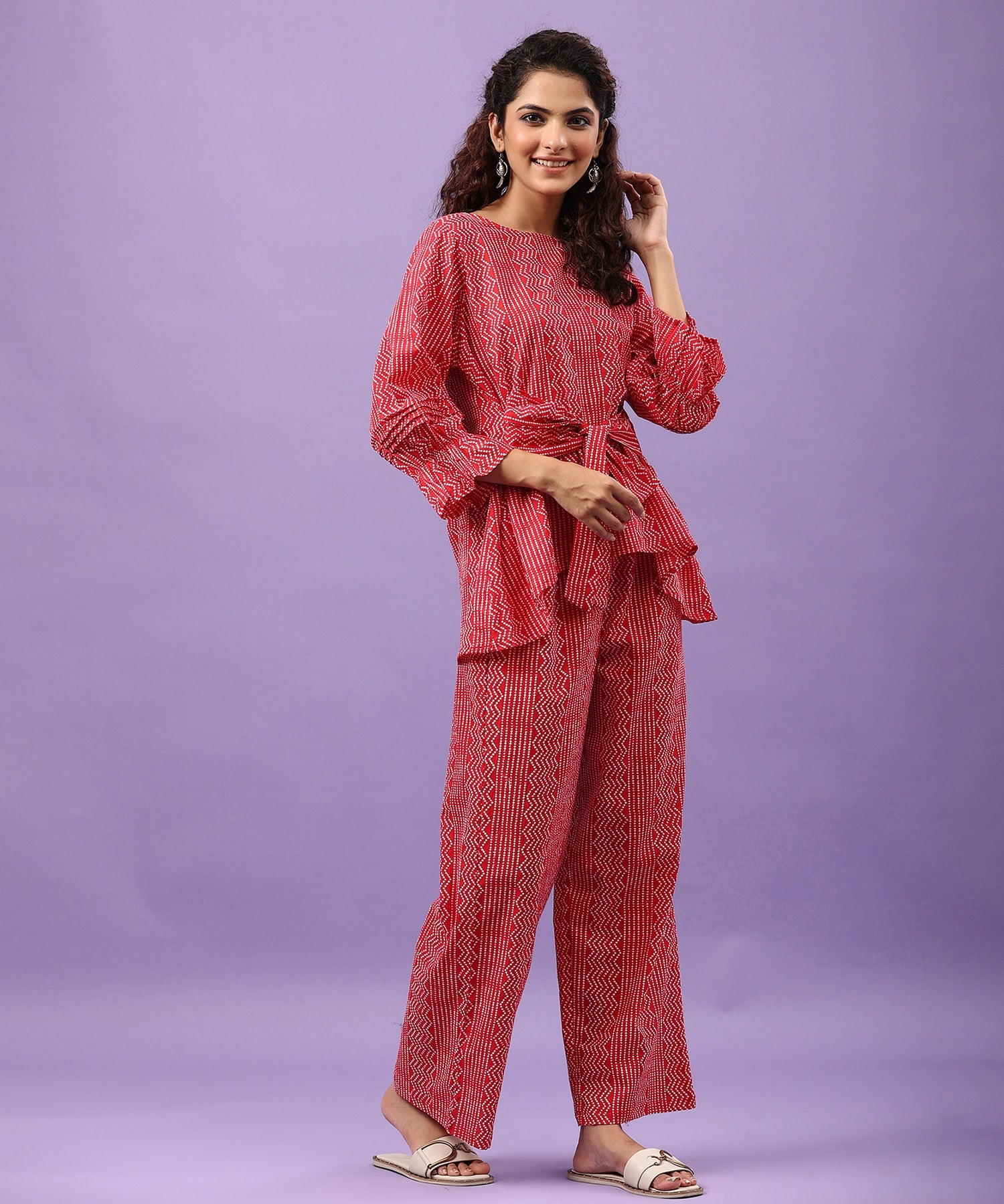 Zigzag Bandhej on Cotton Red Front Tie-up Co-ord Set