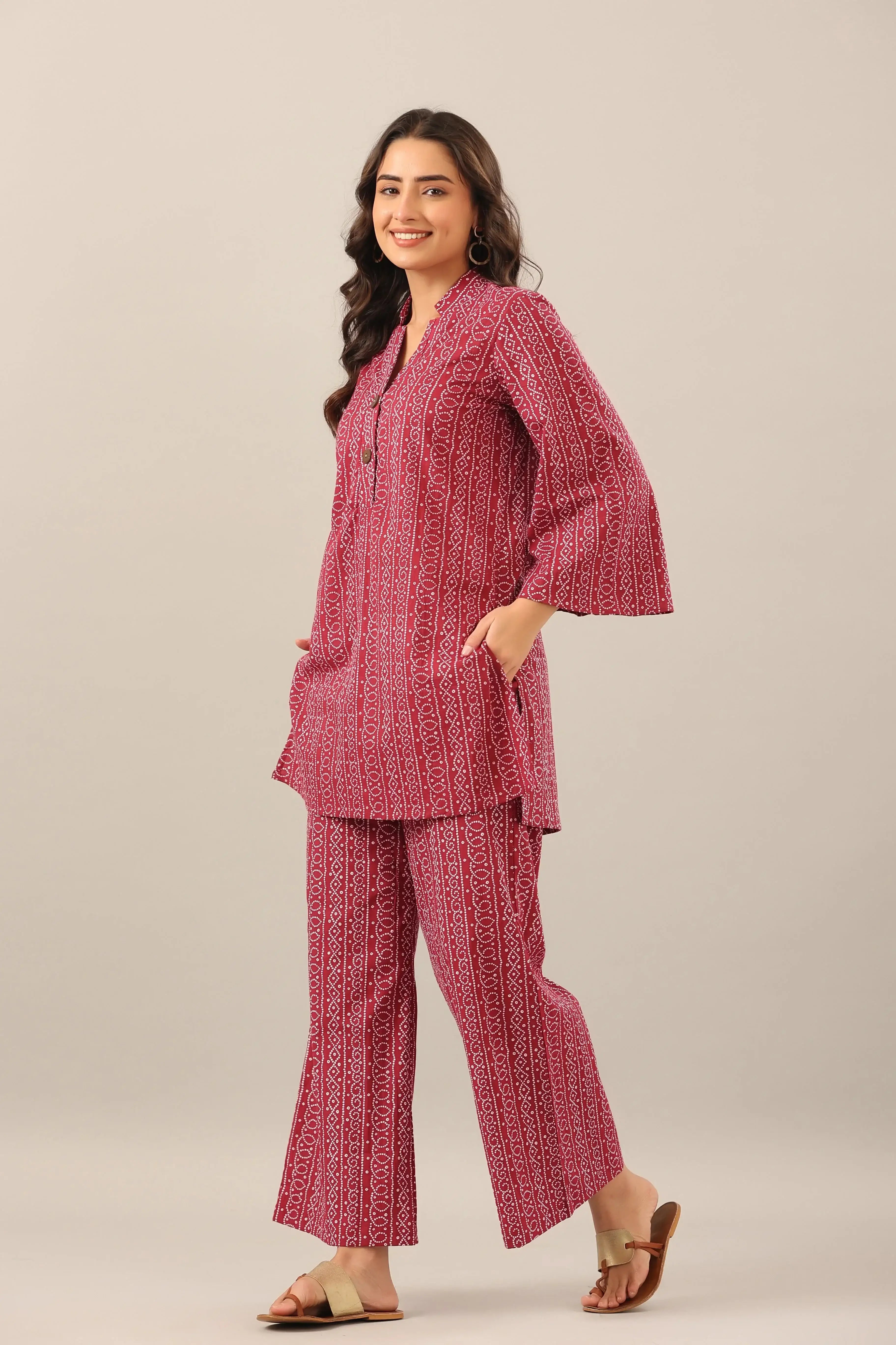 Bandhej on Maroon Cotton Palazzo Loungewear Set