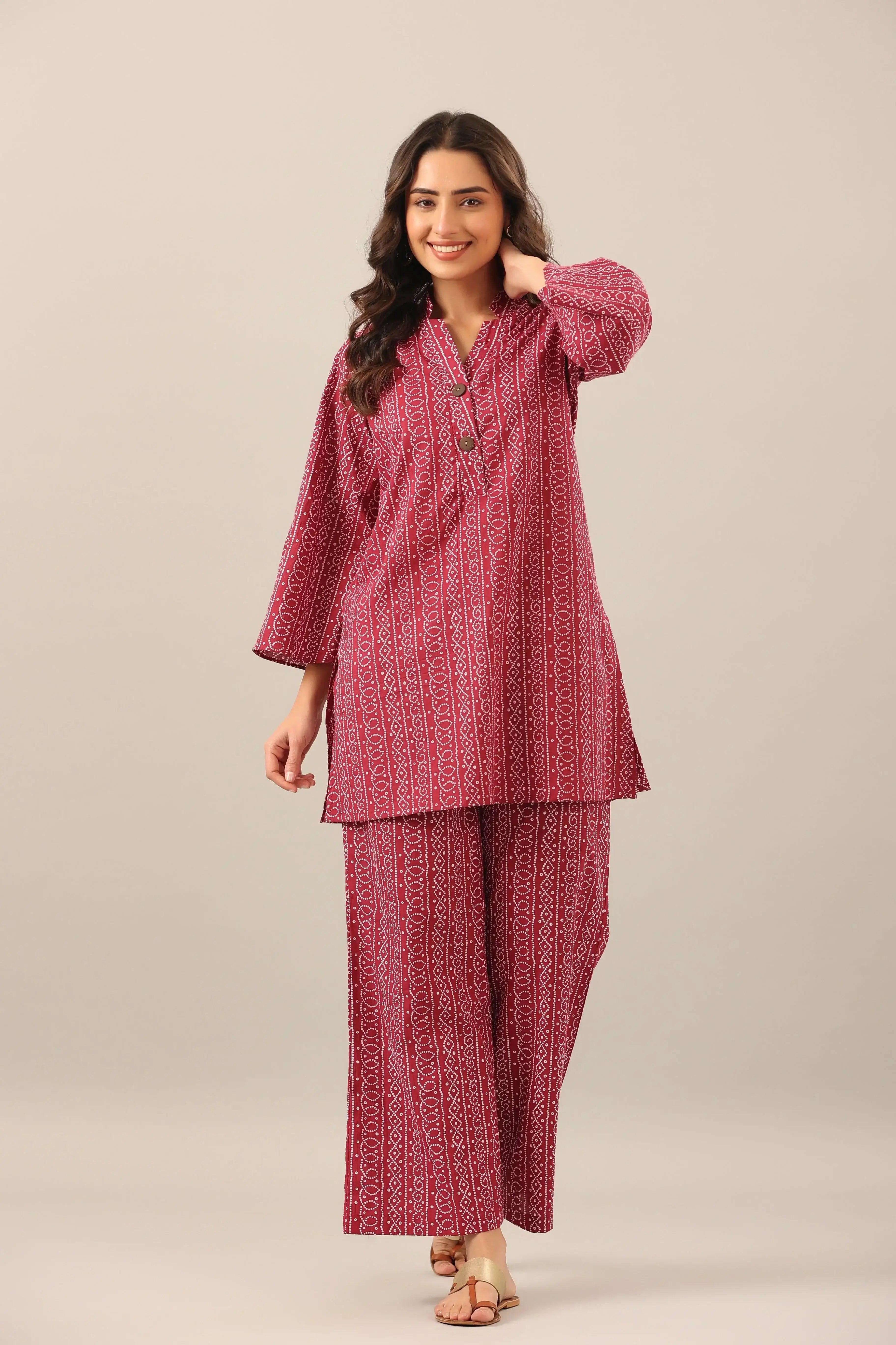 Bandhej on Maroon Cotton Palazzo Loungewear Set