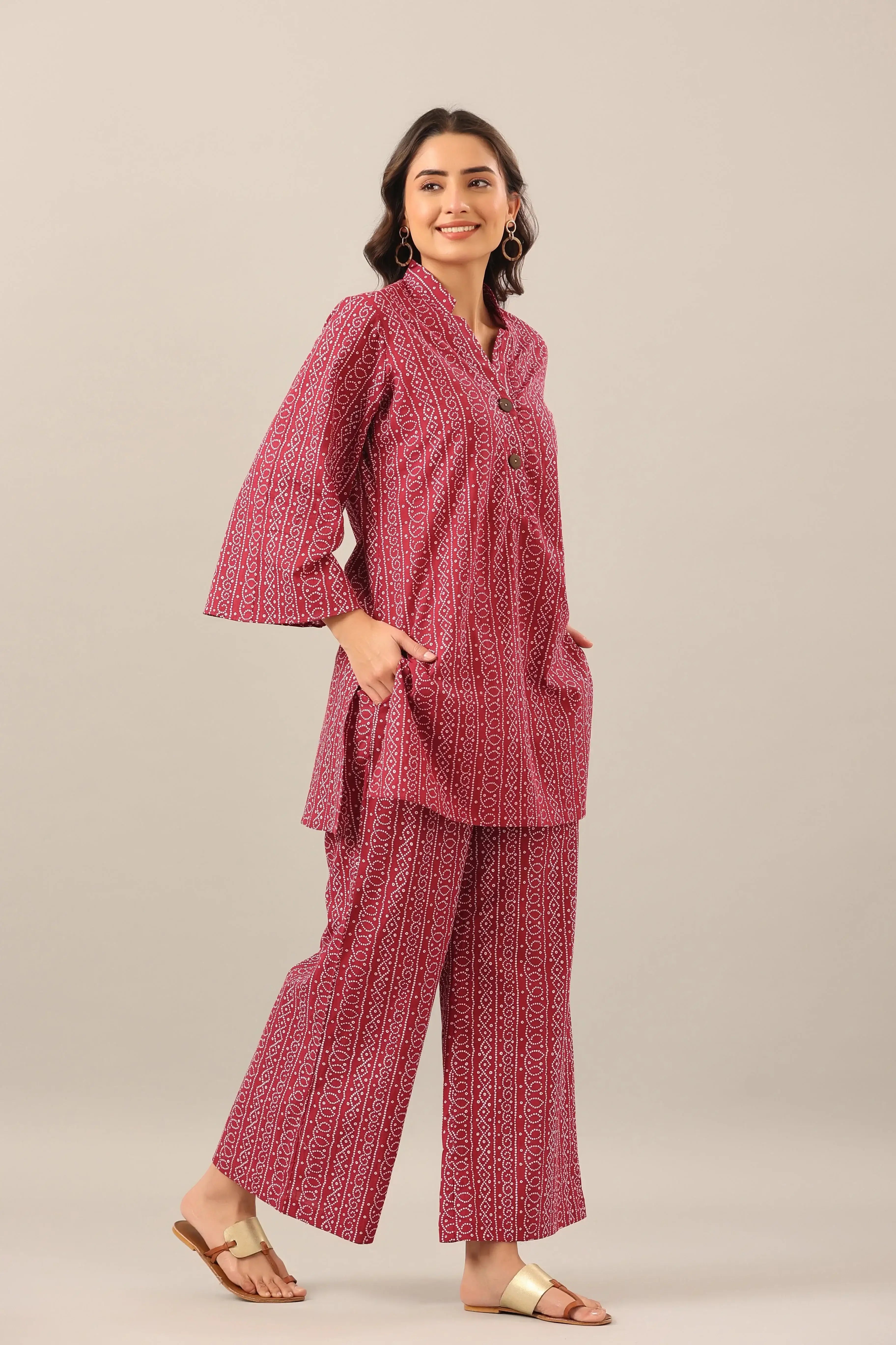 Bandhej on Maroon Cotton Palazzo Loungewear Set
