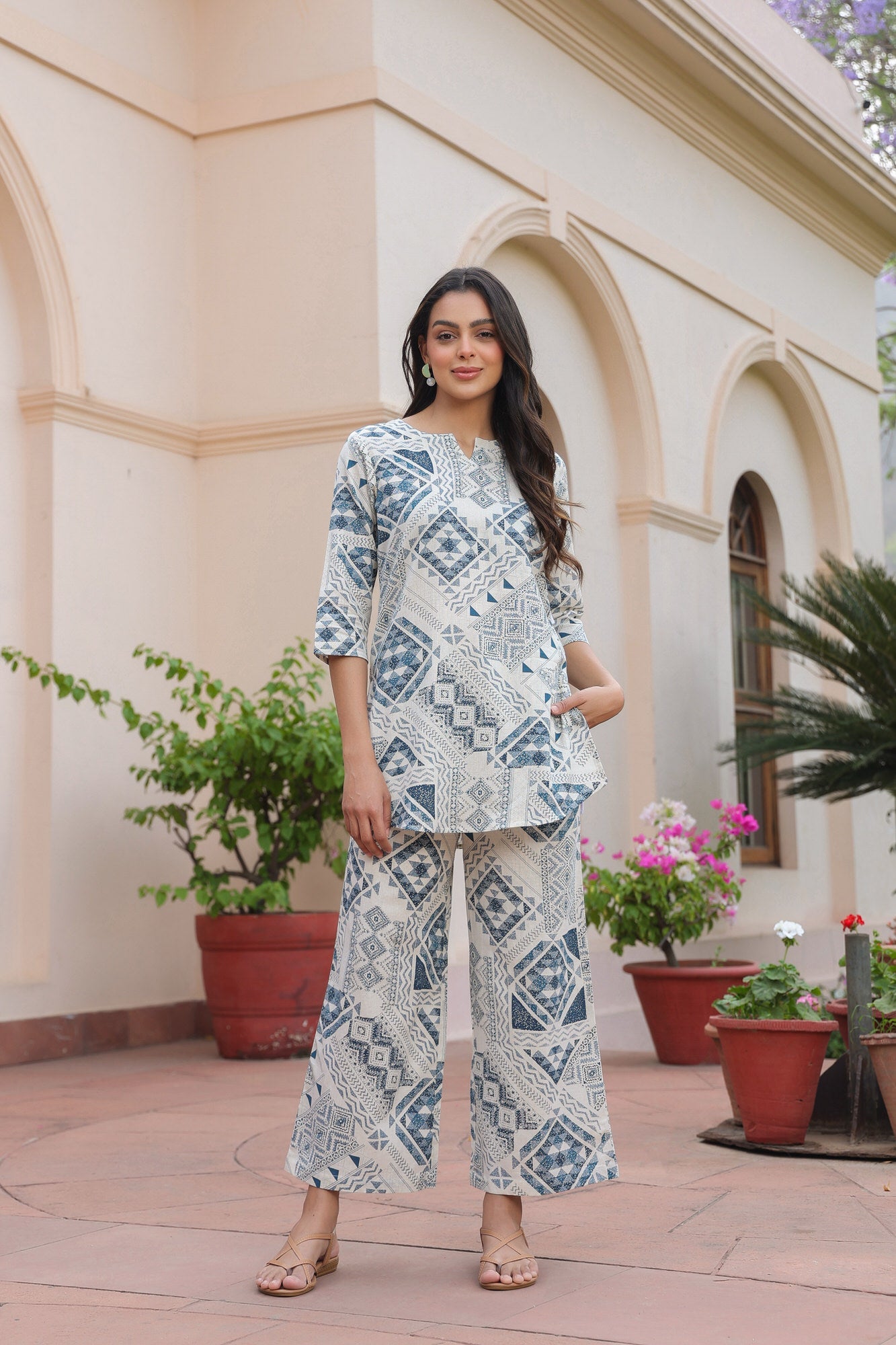 Pastel Puzzle Cotton Flex Palazzo Loungewear Set