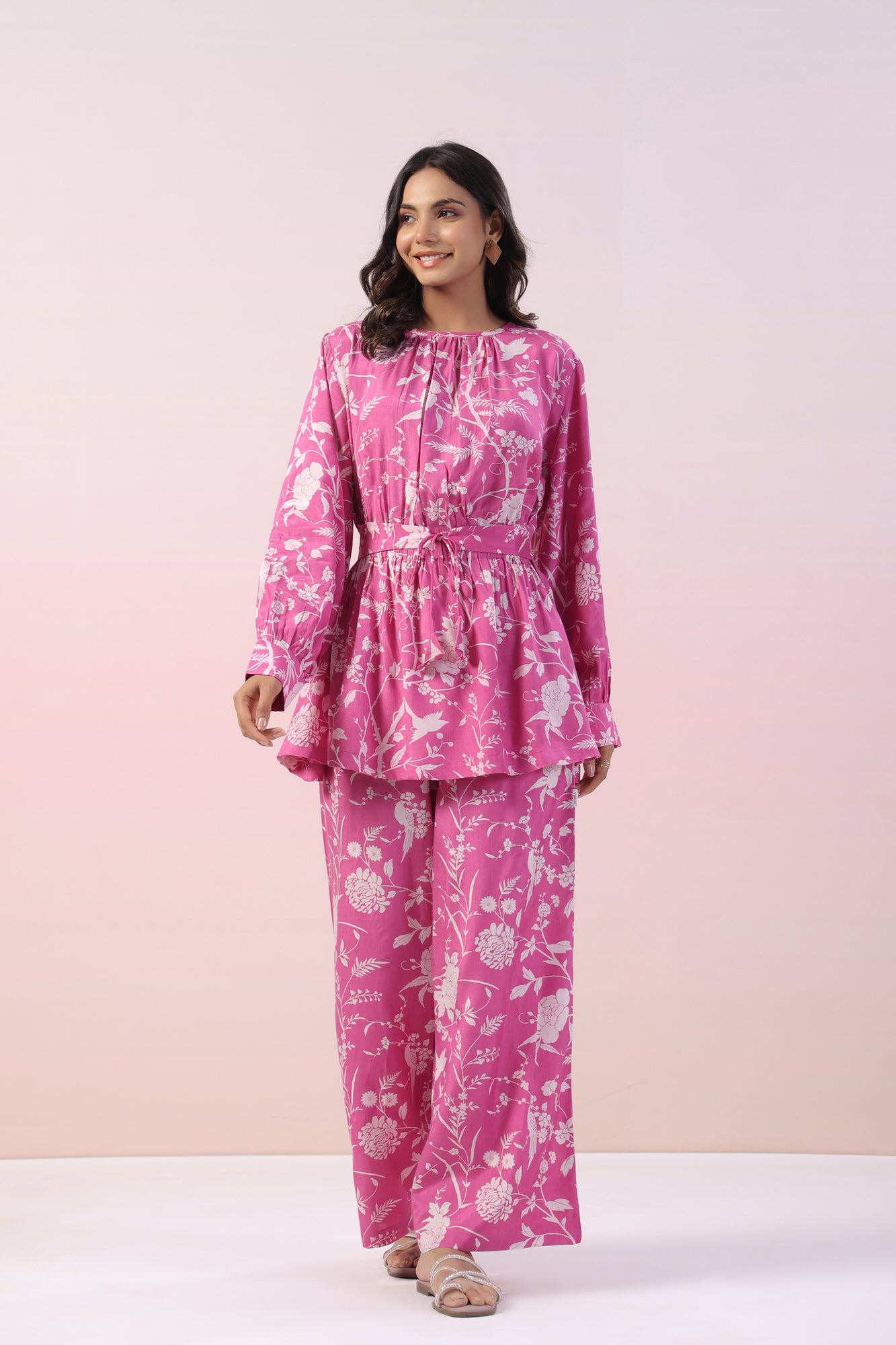 Zinnia Pink Floral Russian Silk Co-ord Set