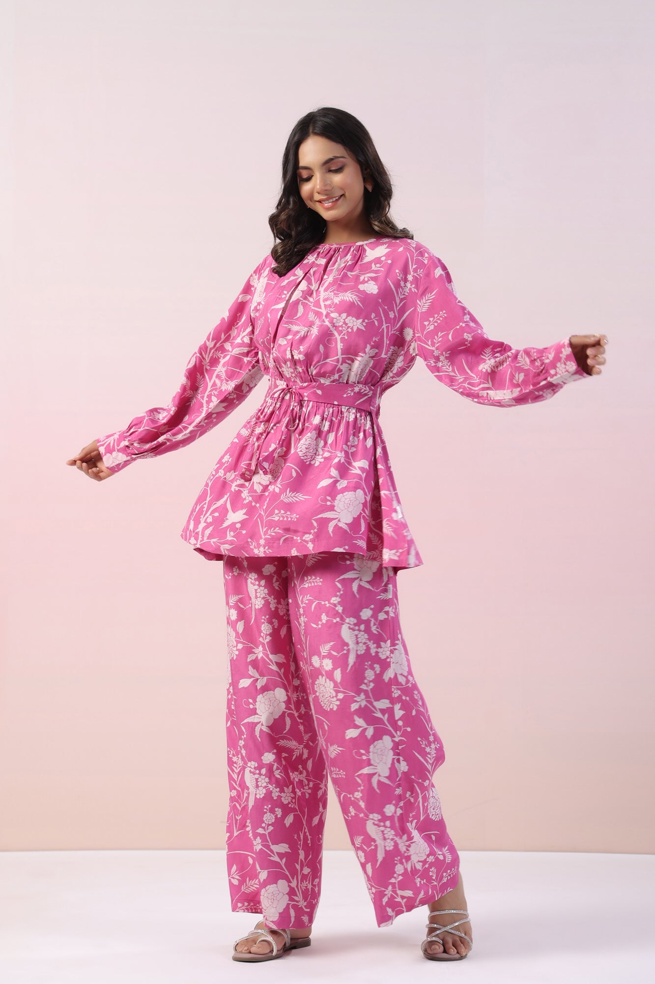 Zinnia Pink Floral Russian Silk Co-ord Set