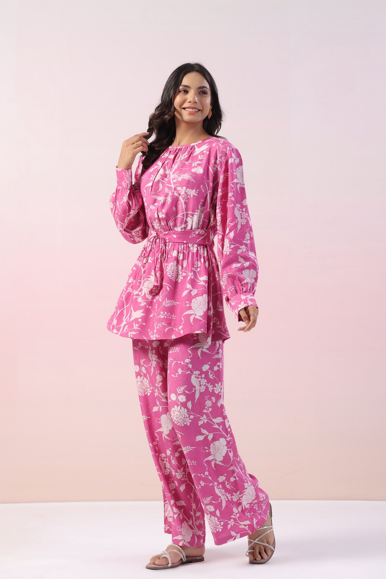 Zinnia Pink Floral Russian Silk Co-ord Set