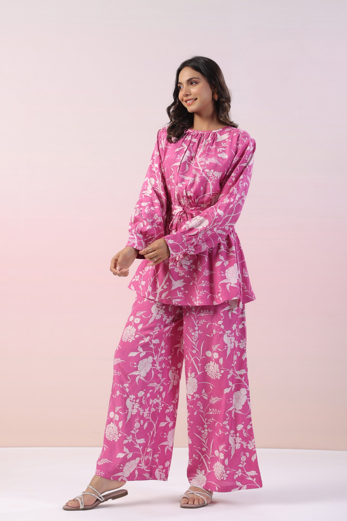 Zinnia Pink Floral Russian Silk Co-ord Set