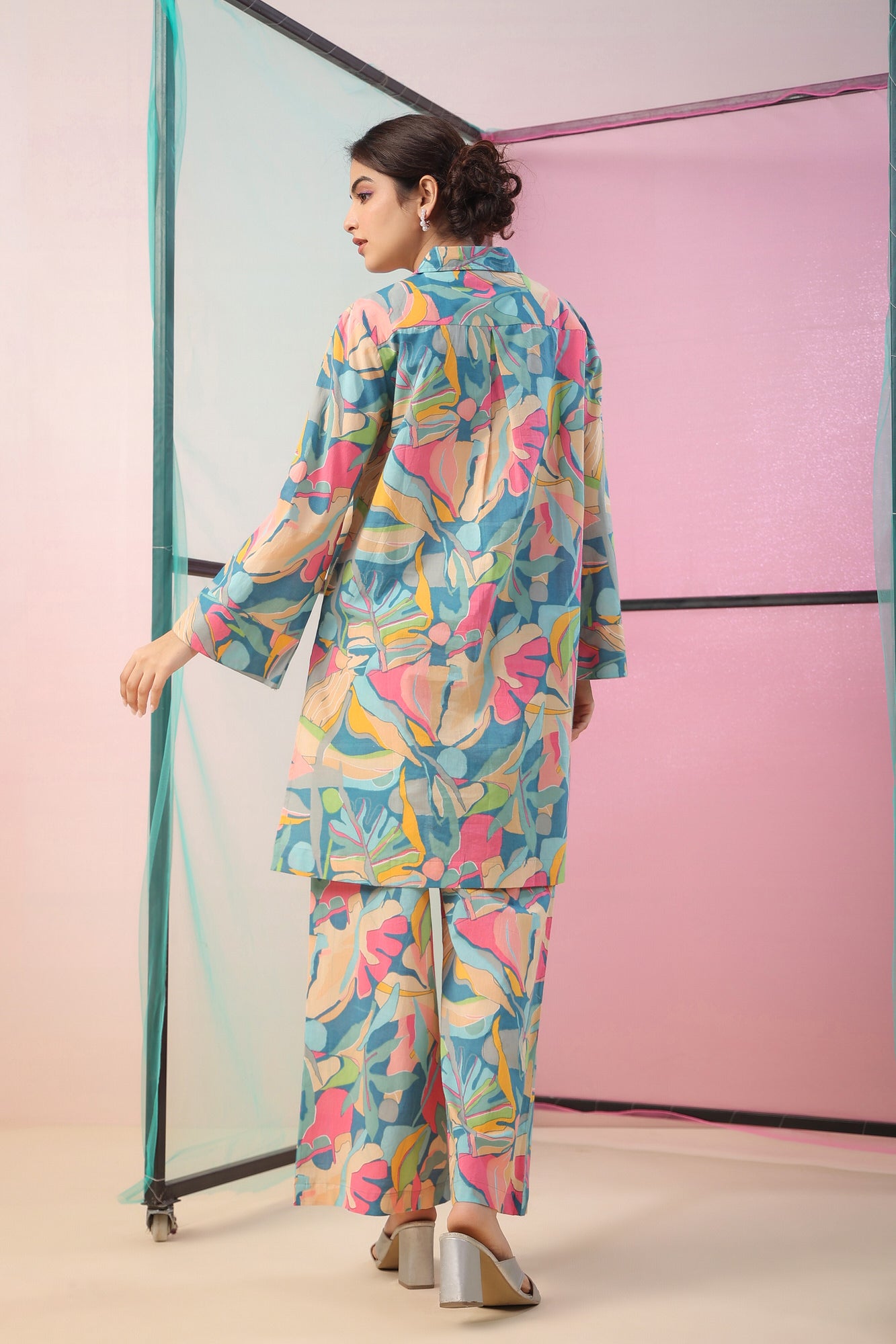 Abstract Art On Blue Cotton Palazzo Loungewear Set