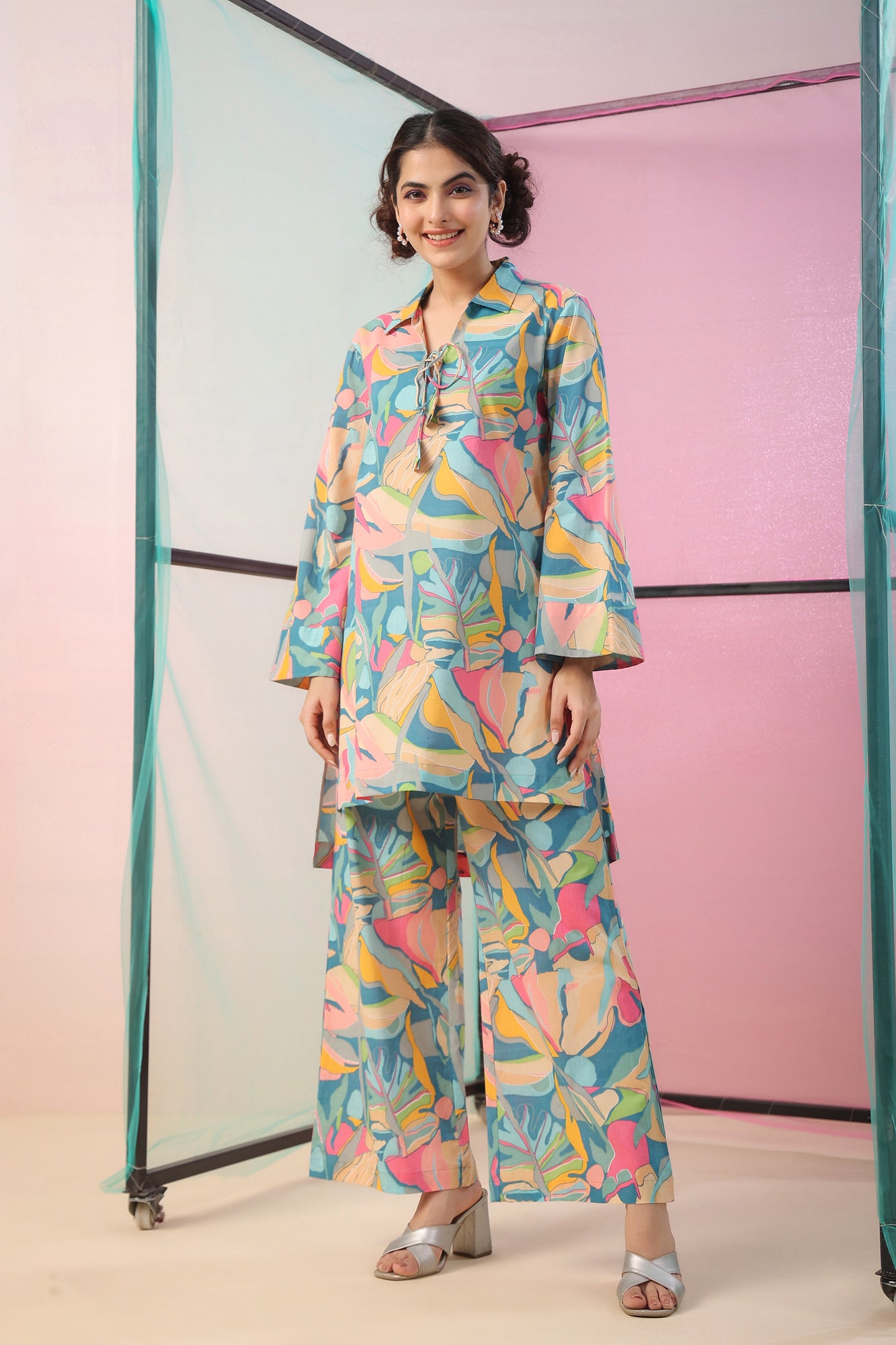 Abstract Art On Blue Cotton Palazzo Loungewear Set